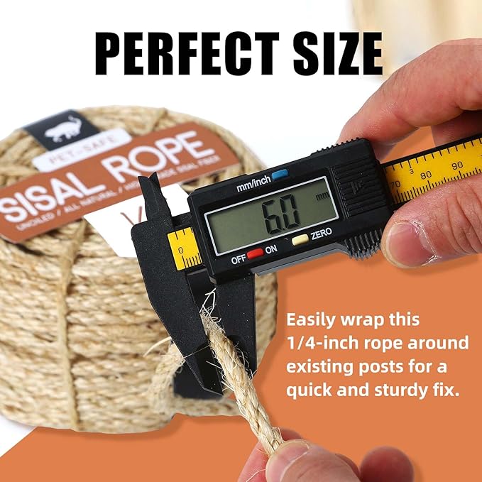 Twisted Sisal Rope 1/4" x 50ft - All Natural Chemical Free, Cat Tree Rope Twine for Scratching Post Repair, Replacement, and Crafts Gardening Home Decorating