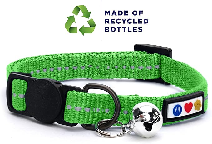 Pawtitas Recycled Cat Collar with Reflective Stitched and Safety Buckle Removable Bell Reflective Cat Breakaway Collar Made of Plastic Bottles Collected from Oceans - Green Cat Collar