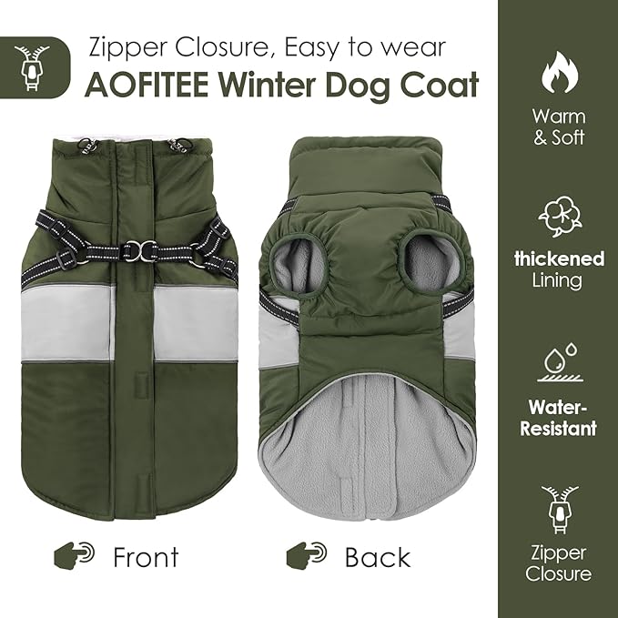AOFITEE Small Dog Coat, Dog Winter Coat with Harness Built in, Warm Dogs Jacket with Zipper & Polar Fleece Collar, Waterproof Pet Snow Jacket Snowsuit for Schnauzer, Chihuahua Yorkshire, S