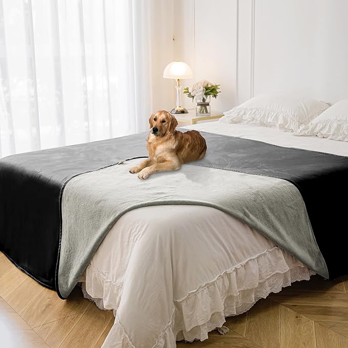 Waterproof Blanket for Bed Protection, Washable Dog Blankets for Couch, Soft Reversible Pet Throw Furniture Protector Cover for Sofa-82"x108",Black+Lightgrey