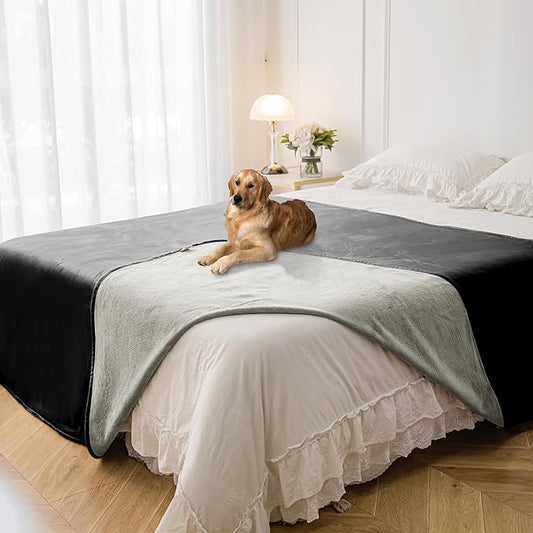 Waterproof Blanket for Bed Protection, Washable Dog Blankets for Couch, Soft Reversible Pet Throw Furniture Protector Cover for Sofa-82"x108",Black+Lightgrey