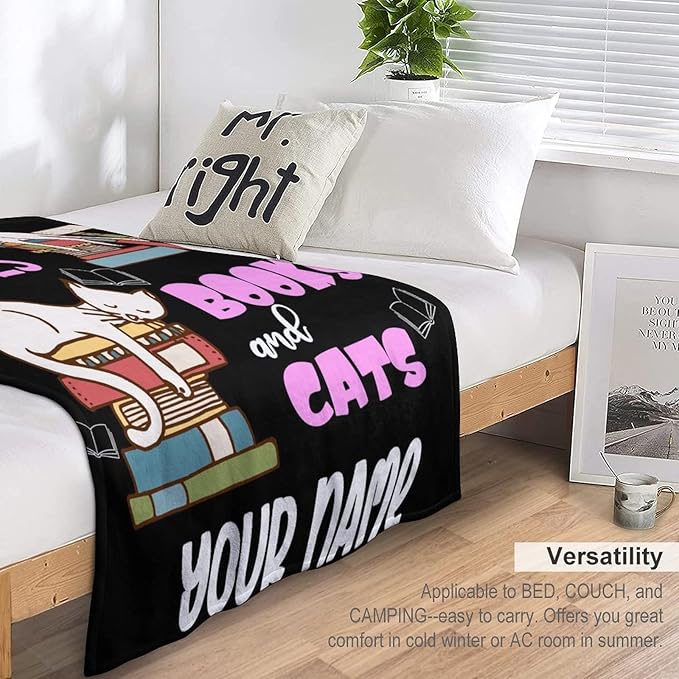 Personalized Cat Blanket Gifts with Name - 50"x60" Cute Throw Blanket for Adults Kids - Black Soft Plush Throws for Bed, Couch & Travel