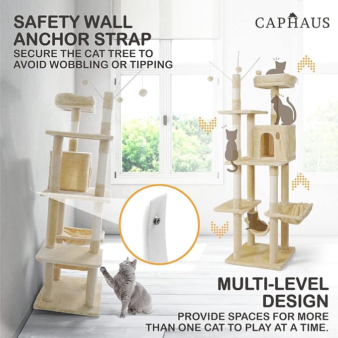 CAPHAUS Tall Cat Tree for Indoor Cats, Modern Cute 70-Inch Climbing Play Tower with Top Perch Large Cats Kittens, Multi-Level Activity w Scratching Posts, Hammock, Cave Condo, Smoky Grey