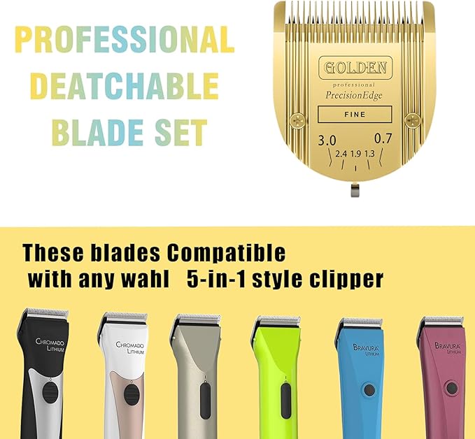 COSYONALL Adjustable Dog Grooming Clipper 5-in-1 Blade Compatible with WAHL Professional Animal Clipper Arco, Bravura, Chromado, Creativa, Figura, and Motion Pet, Dog, and Horse (Gold/3pc)