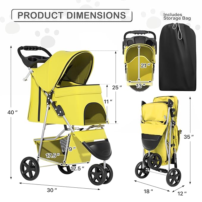 MoNiBloom Foldable Pet Stroller with Waterproof Cover, 3-Wheels Dog Strolling Cart for Small/Medium Dogs and Cats with Storage Basket and Cup Holder, Breathable and Visible Mesh for All-Season, Yellow