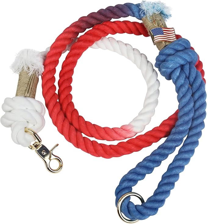 Premium Cotton Rope Leash for Medium & Large Dogs – 5 ft Handcrafted, Strong, Stylish & Durable with 360° Swivel Heavy-Duty Clip – Perfect for Everyday Walks &Training - Red White and Blue USA Leash