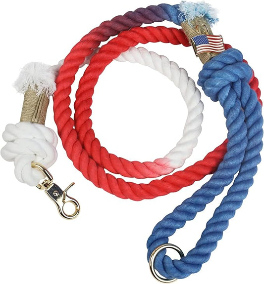 Premium Cotton Rope Leash for Medium & Large Dogs – 5 ft Handcrafted, Strong, Stylish & Durable with 360° Swivel Heavy-Duty Clip – Perfect for Everyday Walks &Training - Red White and Blue USA Leash