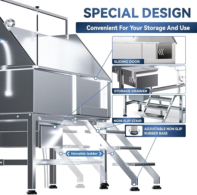 46" Dog Washing Station, Professional Stainless Steel Dog Bathtub w/Ramp & Storage Drawer, Adjustable Grate, Non-Slip Design, Perfect for Home Grooming & Large Dogs (46" Right Stair)
