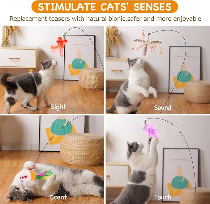 Cat Toys Wand, Interactive Cat Toy with Super Suction Cup Sticky Detachable 12 PCS Feather Replacements 2 Wands Cat Spring Feather Toys for Indoor Cats Kitten Toys (8 Toys Double Headed)