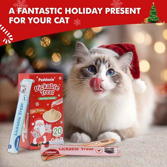Christmas Cat Treats, High-Meat Lickable Puree, Grain & Gum Free, for Cats, All-Natural Protein Snacks, 0.5oz Tubes (Pack of 20)