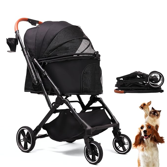 Pet Stroller for Small Medium Dogs Cats Up to 45 lbs, Travel Lite Collapsible, All Terrain 4 Wheels for Jogging, Running, Black