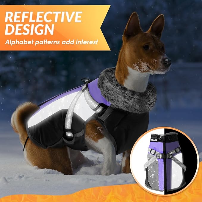 SlowTon Dog Jacket with Harness Built in - Waterproof Fleece Winter Warm Dog Coats for Small Medium Dogs, Reflective Adjustable Furry Puppy Vest Clothes for Outdoor Walking (PU, L)