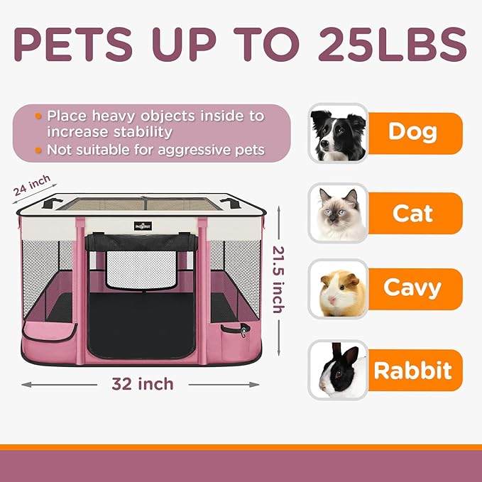 Foldable Pet Kitten Playpen, Upgrade Waterproof Portable Cat Dog Playpen Kennel Tent for Dog Cat, Retractable Shade Cover with Free Carrying Case, Indoor Outdoor Use for Small Pet, Pink