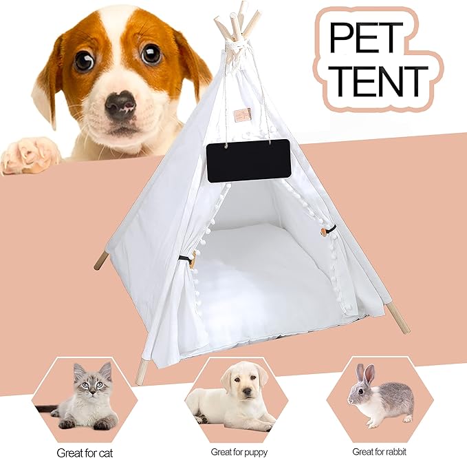 Pet Teepee, Portable Pet Tents for Small Dogs or Cats, Puppy Sweet Bed Washable Dog or Cat Houses with Cushion(White,24in)