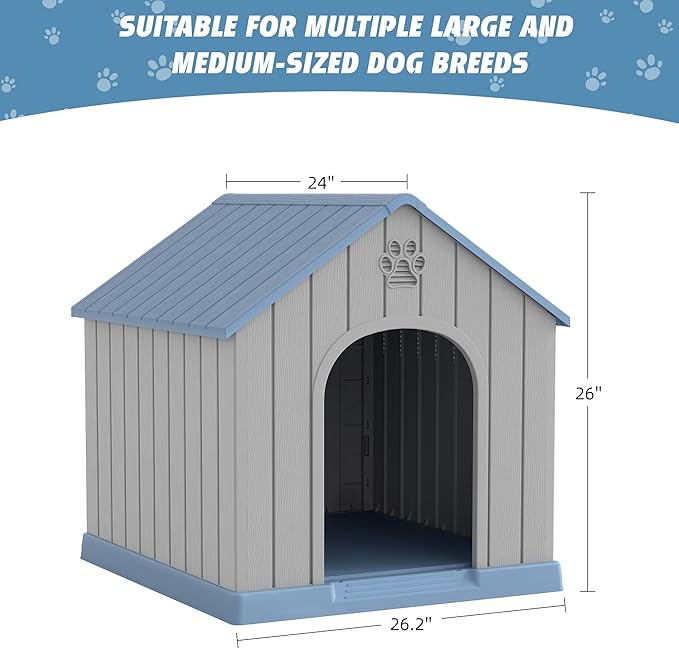 Dog House Outdoor Indoor for Medium Large Dogs, Durable Plastic Waterproof Doghouse with Air Vents and Elevated Floor, Easy Clean and Assemble (Blue, 26.18''L × 24.02''W × 25.98''H)