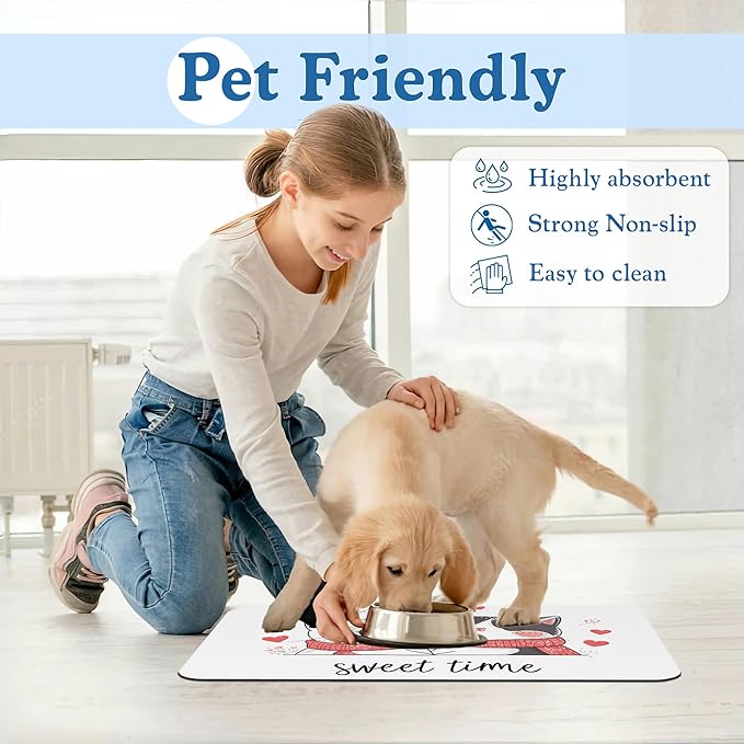 Sweet Cat Lovers Dog Cat Food Mat–Absorbent Waterproof Placemat for Food and Water Bowls, Non Slip Rubber Backing, Feeding Mat for Clean Floors 16"x24"