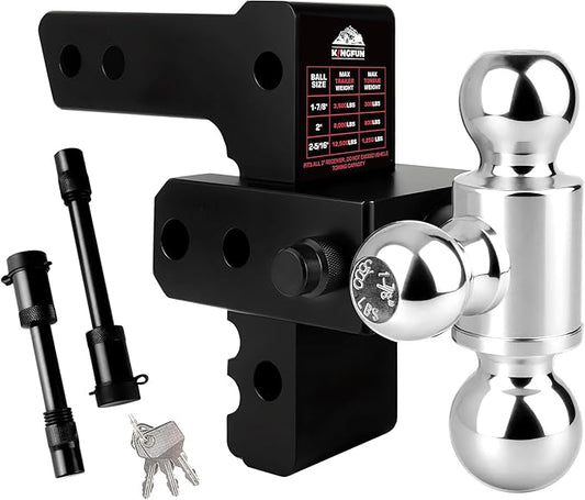Kingfun Adjustable Trailer Hitch - Fits 2 Inch Receiver, Tri-Ball (1-7/8" X 2" X 2-5/16") 6-Inch Rise/Drop Hitch, 12500 Lbs Gtw Heavy Duty Aluminum Truck Tow Hitch with Anti-Theft Pins (Black)