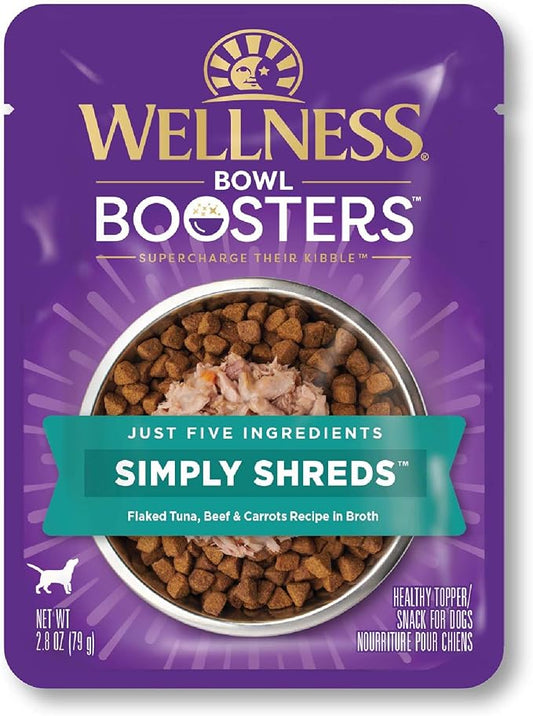 Wellness Bowl Boosters Simply Shreds Wet Dog Food Topper for Small, Medium, & Large Breeds, Grain Free, Natural, Tuna, Beef & Carrots, 2.8 Ounce Pouch (Pack of 12)