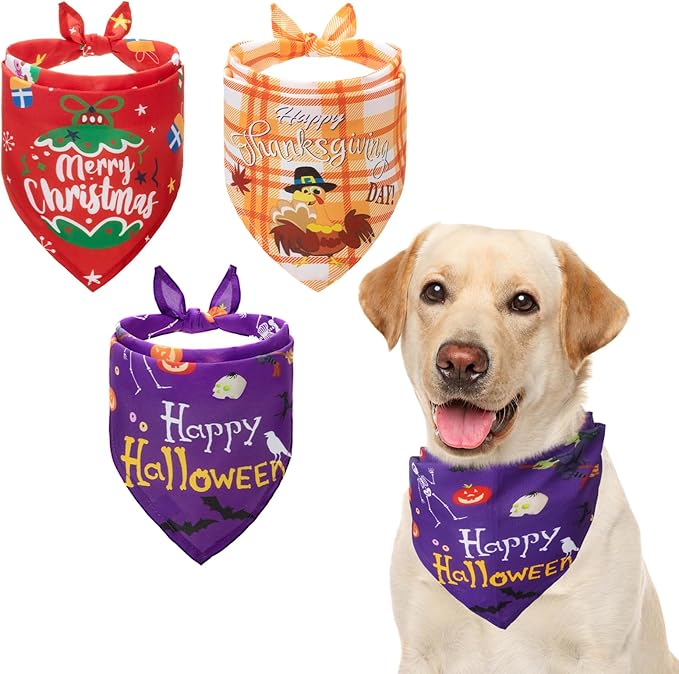 KOOLTAIL Halloween Dog Bandanas, 3 Pack Fall Holiday Thankgiving Christmas Washable Pet Bandanas Scarf Bibs Kerchief, Dog Apparel & Accessories for Girl Boy Small Medium Large Dogs Puppy Cats