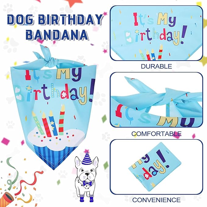 Dog Birthday Decorations, Puppy Birthday Party Outfits,Birthday Hat/Bow Tie/Bandana/Happy Birthday Banner,Pet Theme Suit Apparel & Accessories for Boy Golden Doodle Teddy Husky Labrador (4PCS Blue)