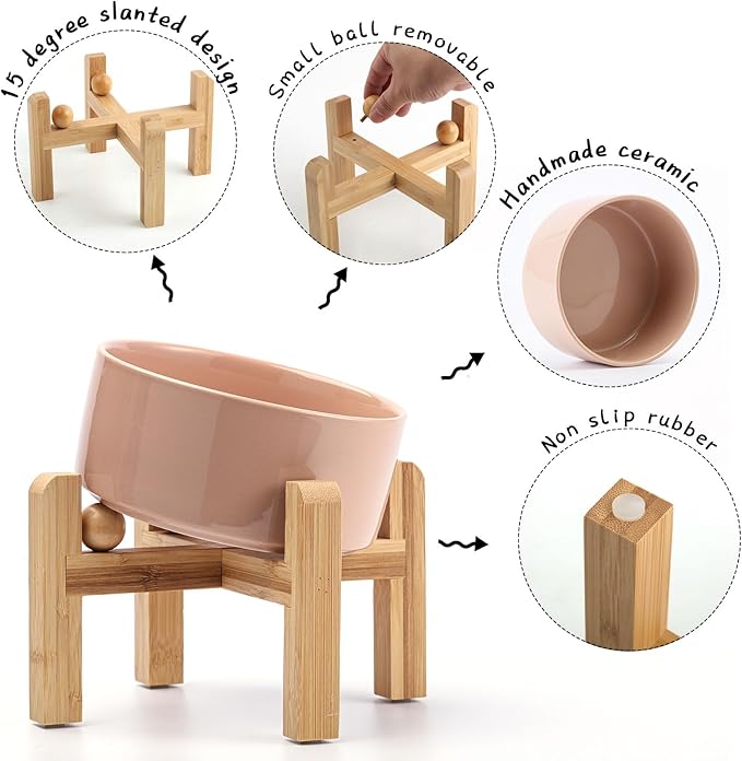 Petygooing Khaki Raised/Elevated 15°Slanted Ceramic Dog Bowl for Small Breeds,Tilted Anti Slip Pet Feeding Bowl,Food Water Dish with Stand for Cats and Small Dogs Puppy 13.5 OZ (5.1In / 1.7 Cups)