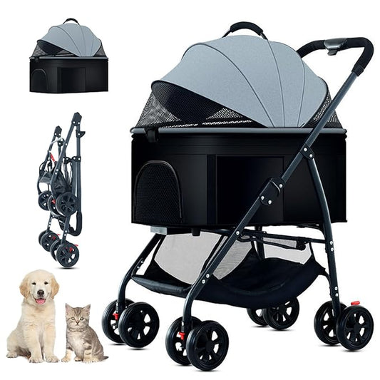3-in-1 Pet Dog Stroller, Dog Wagon with Removable Carrier, Cat Stroller for Medium Dogs Up to 55lbs (Grey)