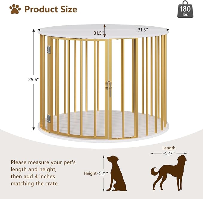 32 Inch Dog Crate Furniture for Large Medium Dogs, Wooden Dog Kennel Indoor Decorative Pet House Side End Table, Round Dog Cage, White and Gold