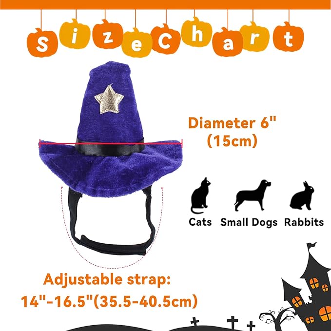 PETLESO Cat Wizard Hat Pet Halloween Costumes Witch Cosplay Outfit with Bell for Small Dogs, Cats & Rabbits, Adjustable, Purple