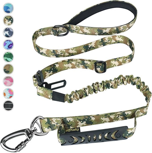 Hotsky Tactical Dog Leash Heavy Duty,4-6Ft Strong Bungee Shock Absorbing Lead with Padded Double Handle,Car Seatbelt,Metal Carabiner Clip,No Pull Leash for Small Dogs,Army Camo
