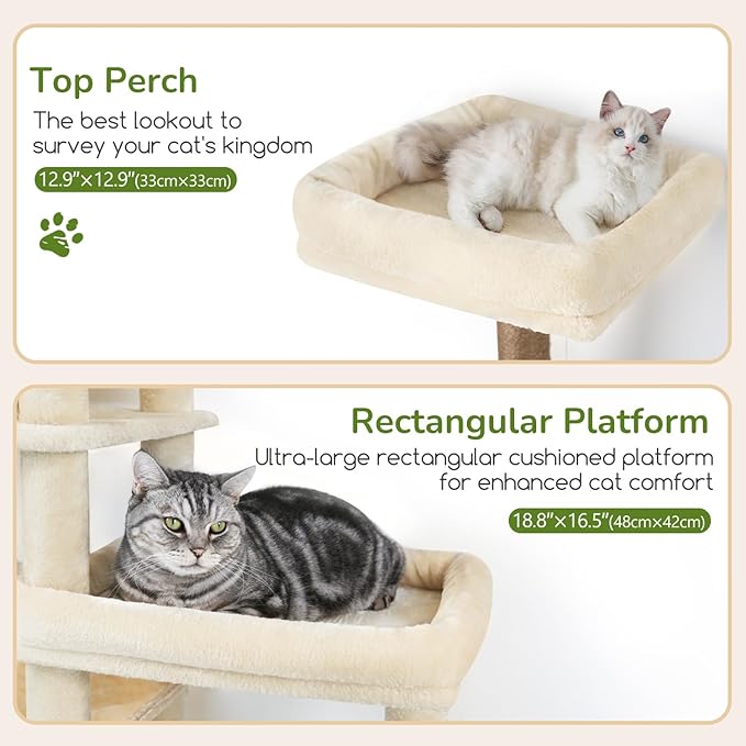 Globlazer Extra Large Platform Cat Tree, 65in Tall Sturdy Cat Tree for Indoor Cats Large Adult, Big Cat Tower for Big Cats with 3 Enlarged Perches, 6 Scratching Posts, Cat Condo, Hammock, S65, Beige