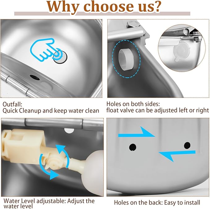 Tessco 4 Sets 4L/135oz Automatic Animal Drinking Water Trough Bowl with Float Valve Stainless Steel Waterer Kit for Dog Horse with Pipe Connector Adapter Countersunk Bolt (with Drainage Hole)