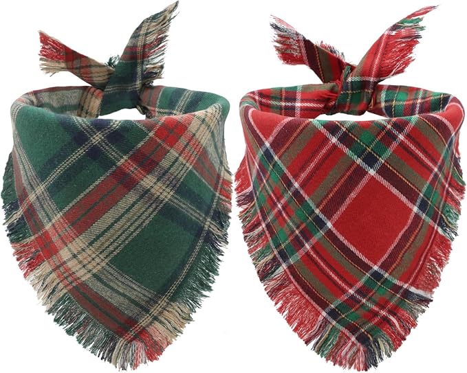 2PCS Christmas Dog Bandanas Plaid Two-Sided with Tassels,Holiday Scarf,Stylish Triangle Dog Outfit for Boy and Girl,Winter Christmas Classic Red-Green Plaid Pet Scarf for Medium to Large Dogs