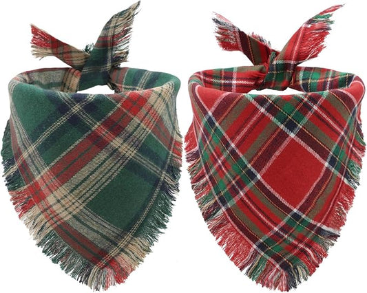 Christmas Dog Bandanas 2PCS-Small,Holiday Scarf Two-Sided with Tassels Edges,Stylish Triangle Dog Outfit for Boy and Girl,Winter Christmas Classic Red Green Plaid Pet Costume for Small Dogs