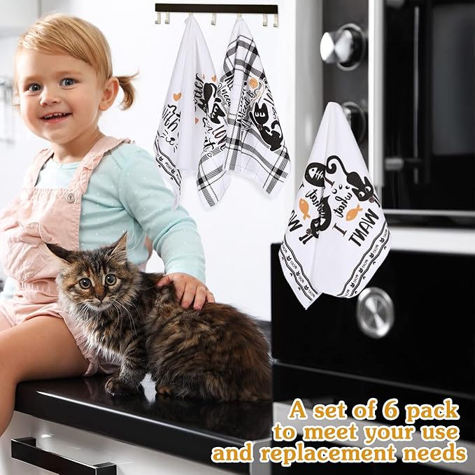 Redbaker 6 Pcs Black Cat Theme Kitchen Towels Funny Dish Towel Black White Kitchen Hand Dishcloth Kitty Decorative Tea Dishcloth with Hanging Loop for Cat Lover Bathroom Home Housewarming Gift