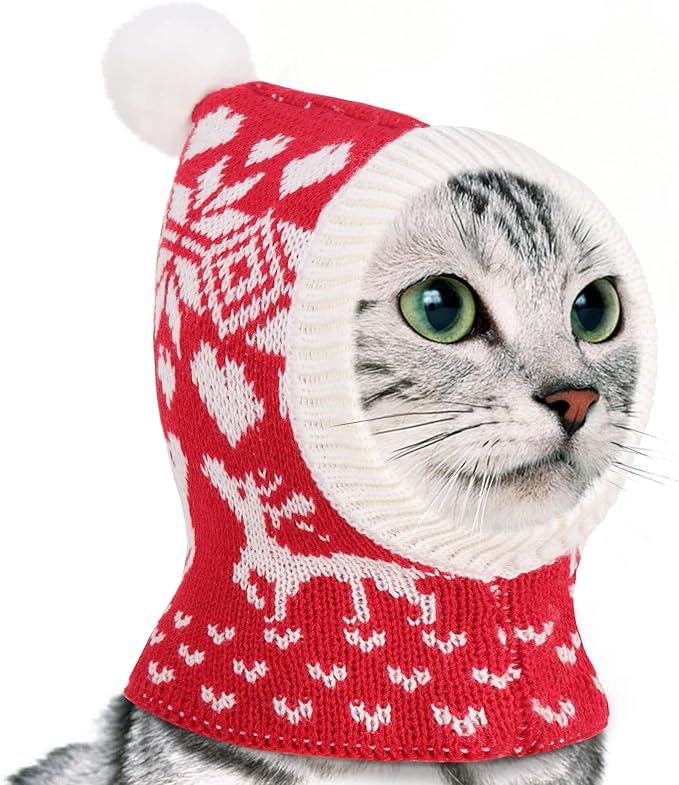 Pawaboo Christmas Pet Hat for Dogs, Funny Knitted Xmas Cap with Pom-Pom, Crocheted Snood Winter Warm Ear Flap Hat, Neck Warmer Hood Scarf for Medium Dogs, Party Decoration Gift, XS, Xmas Elk Red