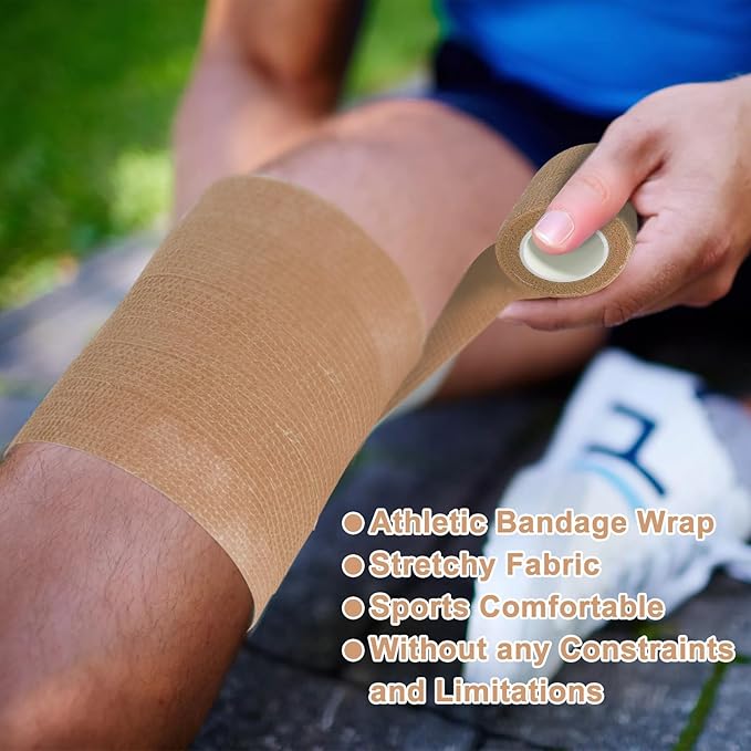 12 Pack Self Adhesive Bandage Wrap, 2” x 5 Yards Cohesive Medical Tape Elastic Grip Tape Black Sports Tape Athletic for Ankle, Wrist Sprains, Pet First Aid (12pcs-Brown, 4 Inch)