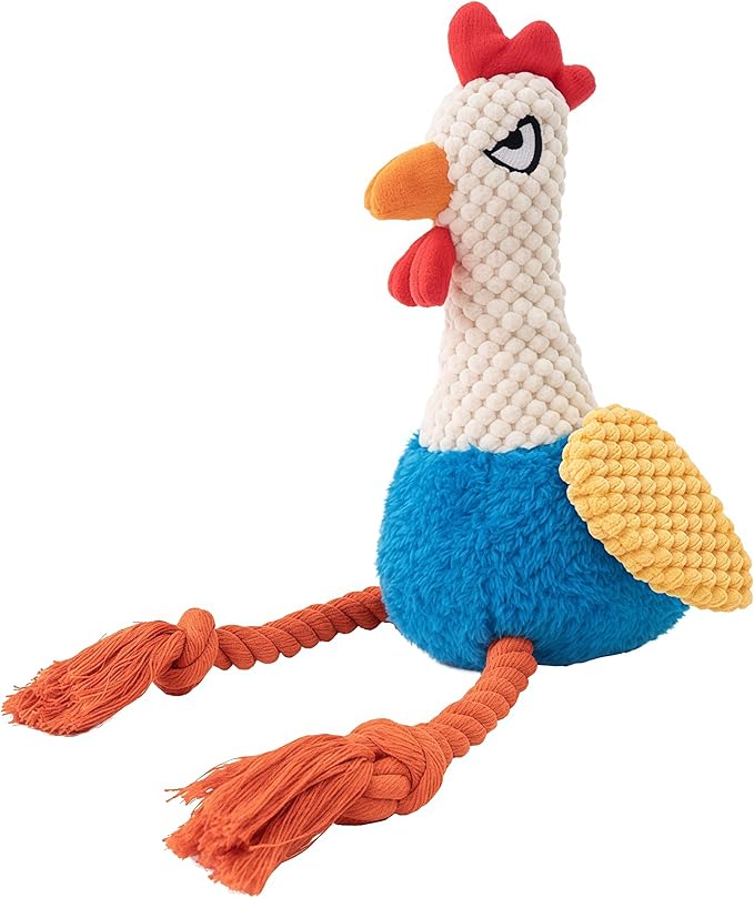 Plush Chicken Dog Toy with Squeaker, Interactive Rope Legs, Colorful Textured Rooster Chew Toy for Small, Medium Dogs, Tug-of-War, Fetch