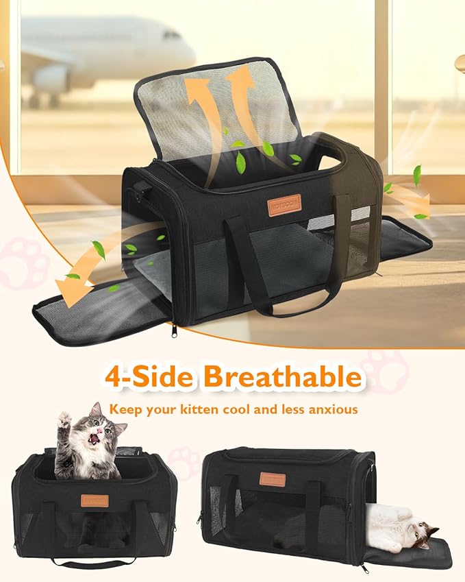 PETUX TSA Approved Pet Carrier in Cabin - 17"x11"x9.5", Underseat, Soft Sided Cat Carriers with Safety Zippers and Anti-Scratch Mesh for Small Cat up to 12 lb, Ideal for Travel and Vet Visit, Black