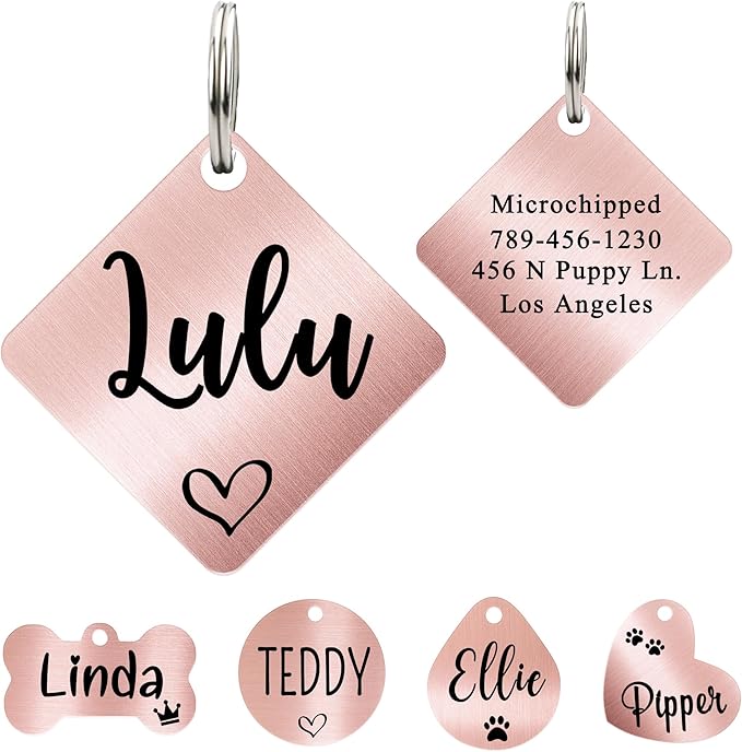 Ultra Joys Dog ID Tag, Custom Dog Tag Personalized Cat Tag, Pet ID Tag, Brushed Stainless Steel Diamond Dog Tag Rose Gold Small