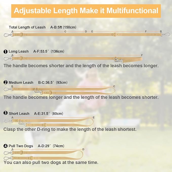 Wisedog Waterproof Dog Leash – 5ft/6ft Adjustable with 2 Hooks & Traffic Handle, Easy to Clean Double Clip Leash for Small, Medium, Large Dogs (Sand Color M)