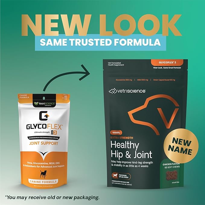 VetriScience Extra Strength Hip & Joint Supplement for Dogs, GlycoFlex 3 –Vet Formulated Glucosamine, MSM & Green-Lipped Mussel Chews for Mobility, Flexibility & Joint Support, Chicken Flavor, 60ct