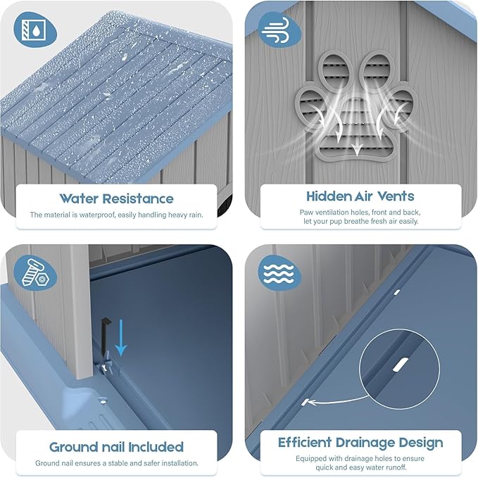 Large Dog House Outdoor Indoor, Durable Plastic Waterproof Doghouse with Air Vents and Elevated Floor, Easy Clean and Assemble for Medium Large Dogs (Classic Blue, 36.2''L×38''W×38''H)