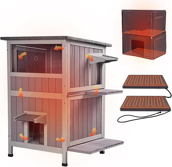 GUTINNEEN Heated Cat House for Outside Outdoor Cat House Insulated with Heated Pad, Insulated Liner, 2 Story Large Wooden Shelter with Two Escape Doors for Multiple Cats,Flat Roof