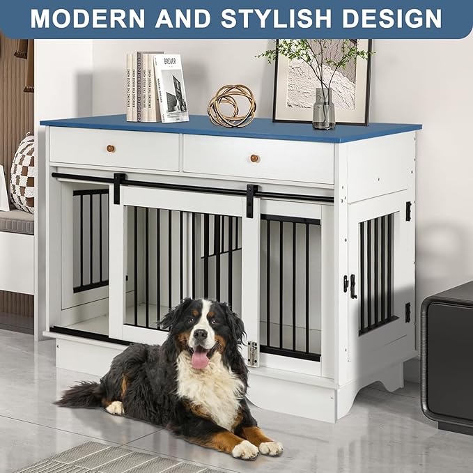 Dog Crate Furniture for 2 Dogs, Dog Kennel with 2 Storage Drawers & Divider, Large Double Dog Cage As TV Stand, Furniture Style Dog Crates with Sliding Barn Door (Blue & White)