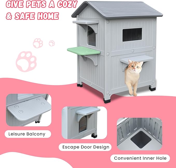 Plastic Outdoor Cat House - Cat House for Outside with Insulated Liner for Winter，100% Weatherproof Cat Houses for with Escape Door, Feral Cat Shelter for Porch Barns Strays