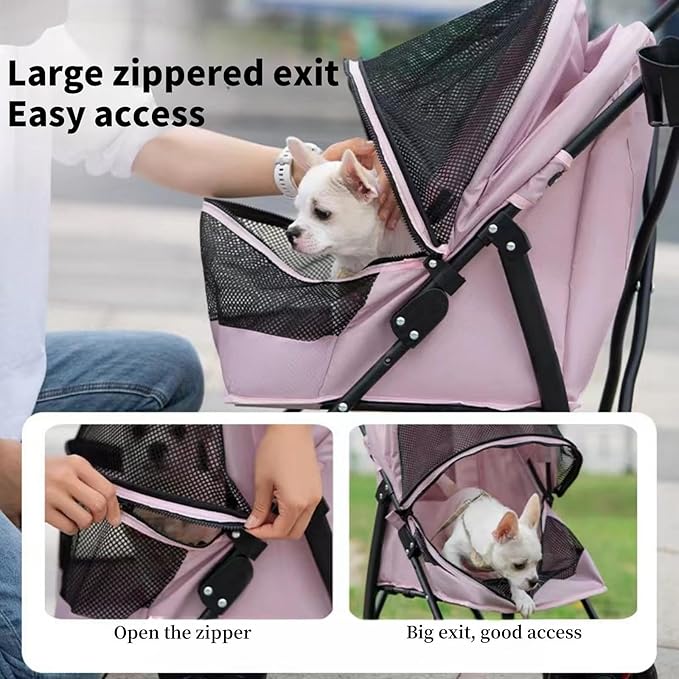 Pet Stroller for Small Dogs and Cats,CYUmail 4 Wheels Foldable Dog Stroller,Puppy Carrier for Small Dogs 0-15 lbs w/Cup Holder,Breathable Visible Mesh,Pink