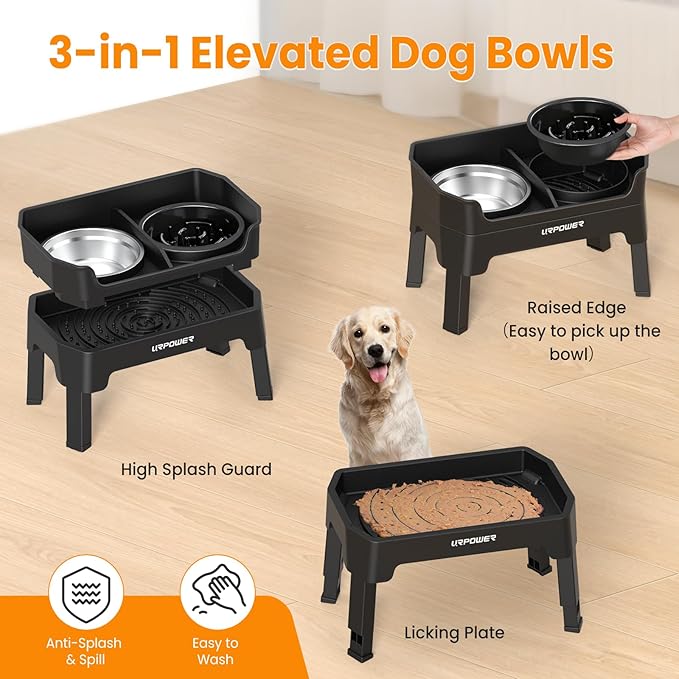 URPOWER Mess Proof Elevated Dog Bowls 4 Height Adjustable Raised Dog Bowl Stand with Stainless Steel Bowl, Slow Feeder & Licking Plate for Small, Medium & Large Dogs