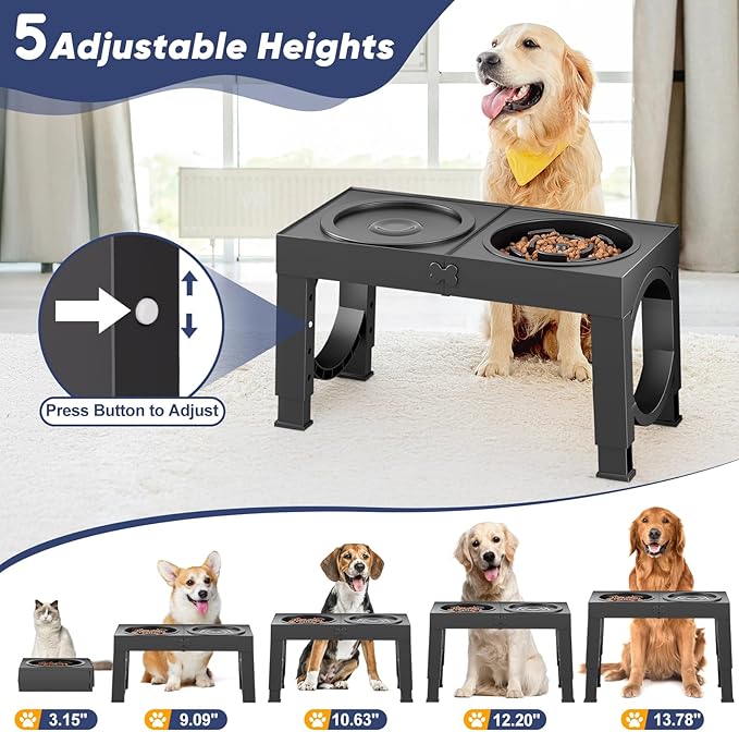 XIAZ Slow Feeder Dog Bowl Elevated Food and Water Bowl Stand for Large Medium Sized Dog, 4 Heights Adjustable, Non-Slip, Durable, Prevents Bloating & Improves Digestion for Dogs