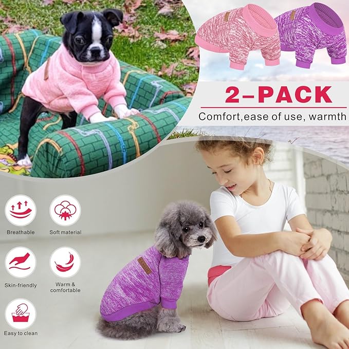 2 Pieces Pet Dog Classic Knitwear Sweater, Fleece Coat for Small,Medium Dogs,Warm Pet Dog Cat Clothes,Soft Puppy Customes for Chihuahua Yorkshire Tzu (Pink Purple,XS)