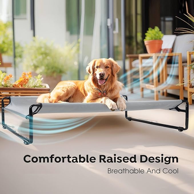 Veehoo Original Outdoor Elevated Dog Bed, Cooling Raised Dog Cot for Large Dogs, Portable Standing Pet Hammock Platform with Washable Breathable Mesh, No-Slip Feet, XX-Large, Grey, CWC2201